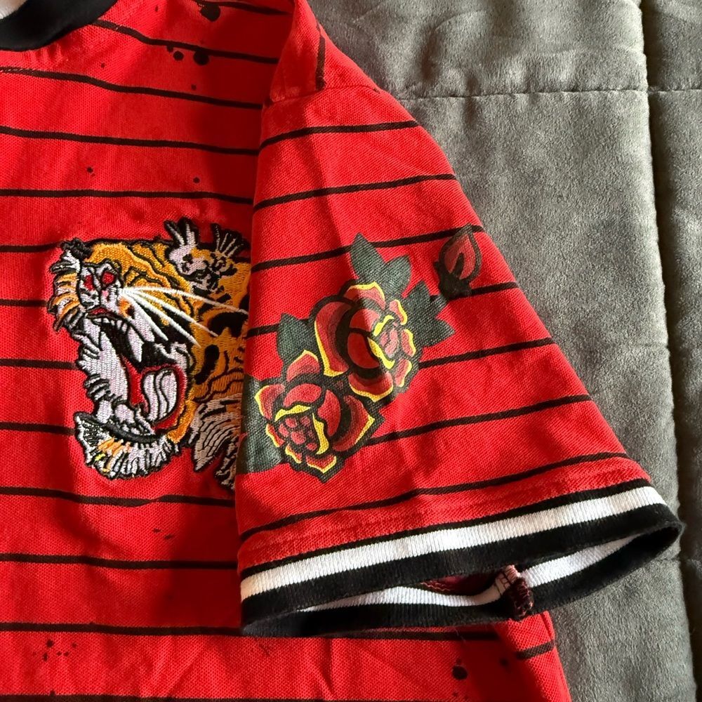 Switch Remarkable Red Striped Polo Shirt with Tiger Embroidery Y2K Size Medium - Picture 6 of 9